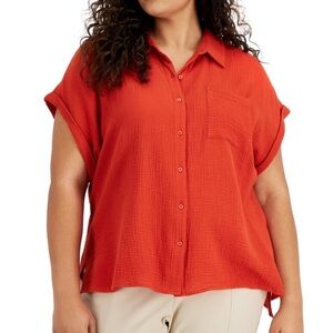 Calvin Klein bright orange short sleeve button down lightweight blouse size XXL